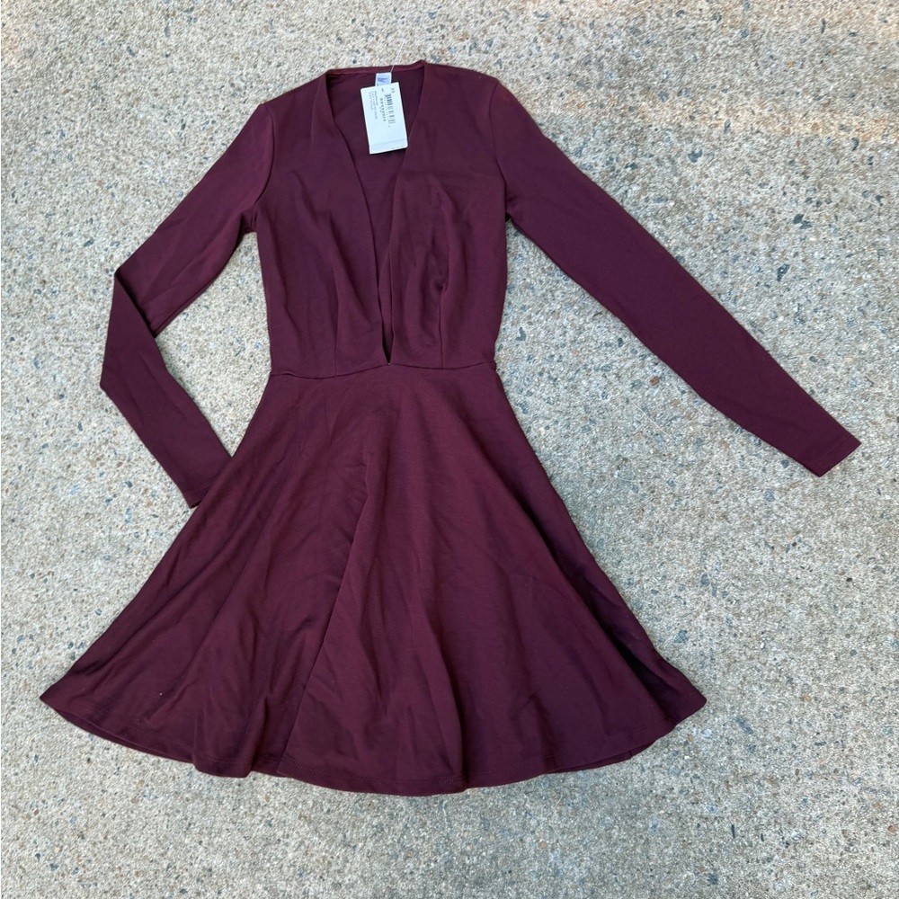 American Apparel Deep V Maroon Long Sleeve Dress - Size XS - NWT - Picture 2 of 16